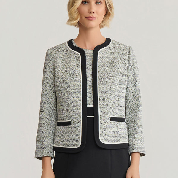 Open Front Contrast Trim Jacket, Tweed in Loden Dusk Multi | Kasper