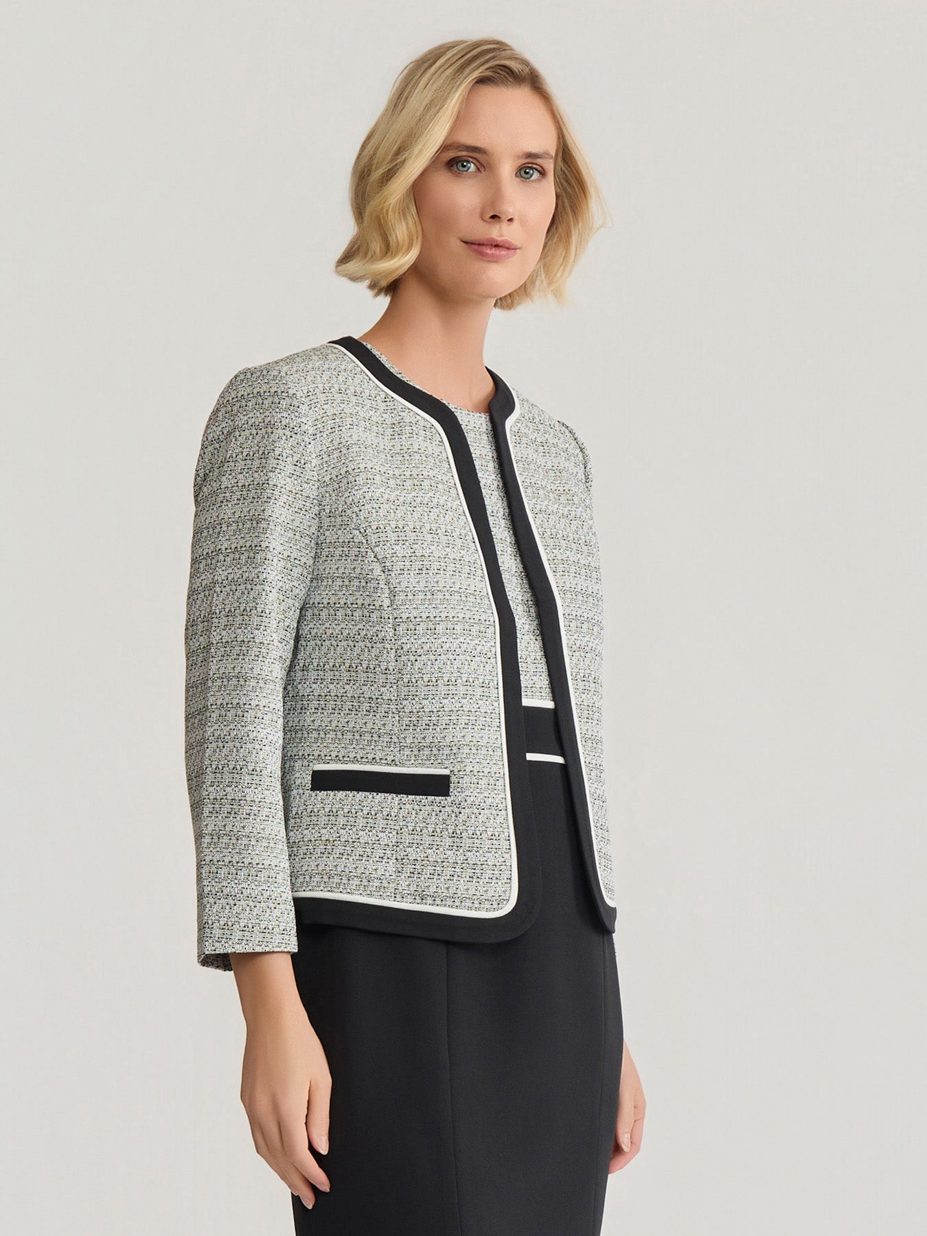 Open Front Contrast Trim Jacket, Tweed in Loden Dusk Multi | Kasper