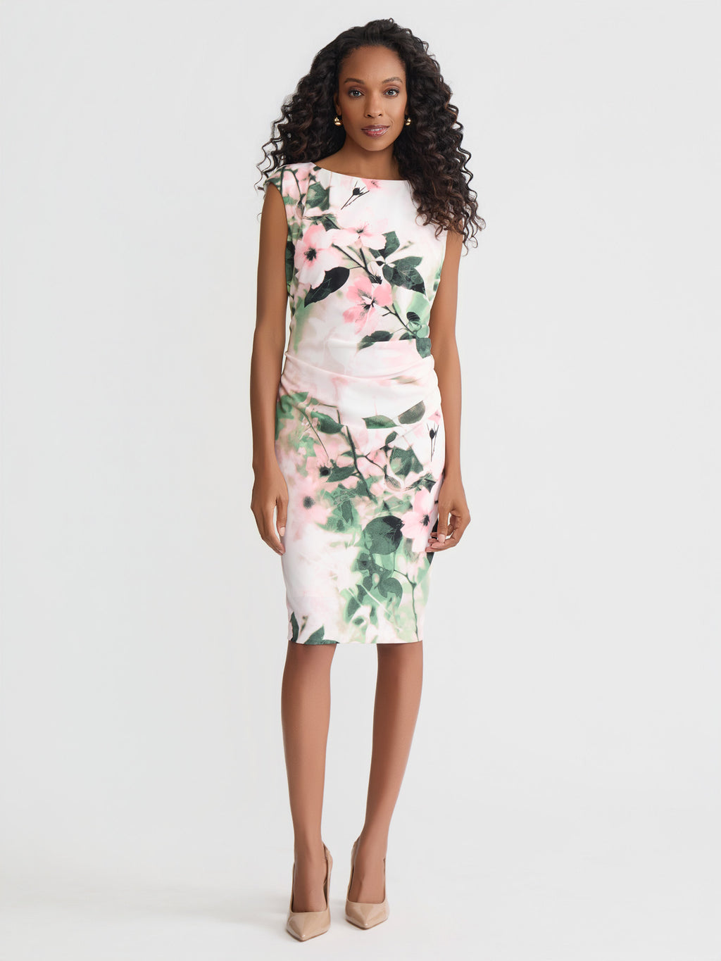Plus Boat Neck Side Pleat Dress, Scuba Crepe in Vanilla Ice Floral | K