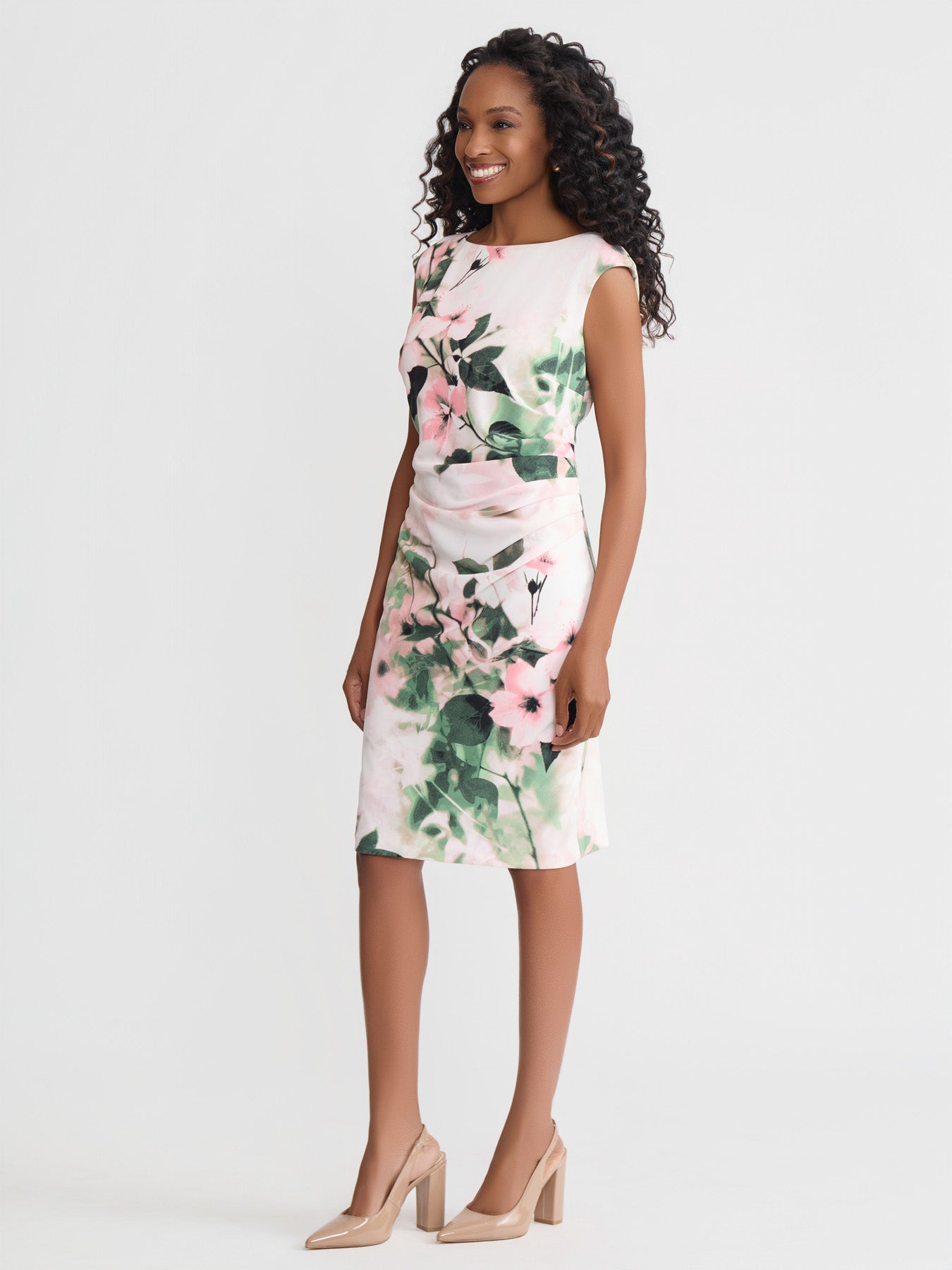 Plus Boat Neck Side Pleat Dress, Scuba Crepe in Vanilla Ice Floral | K