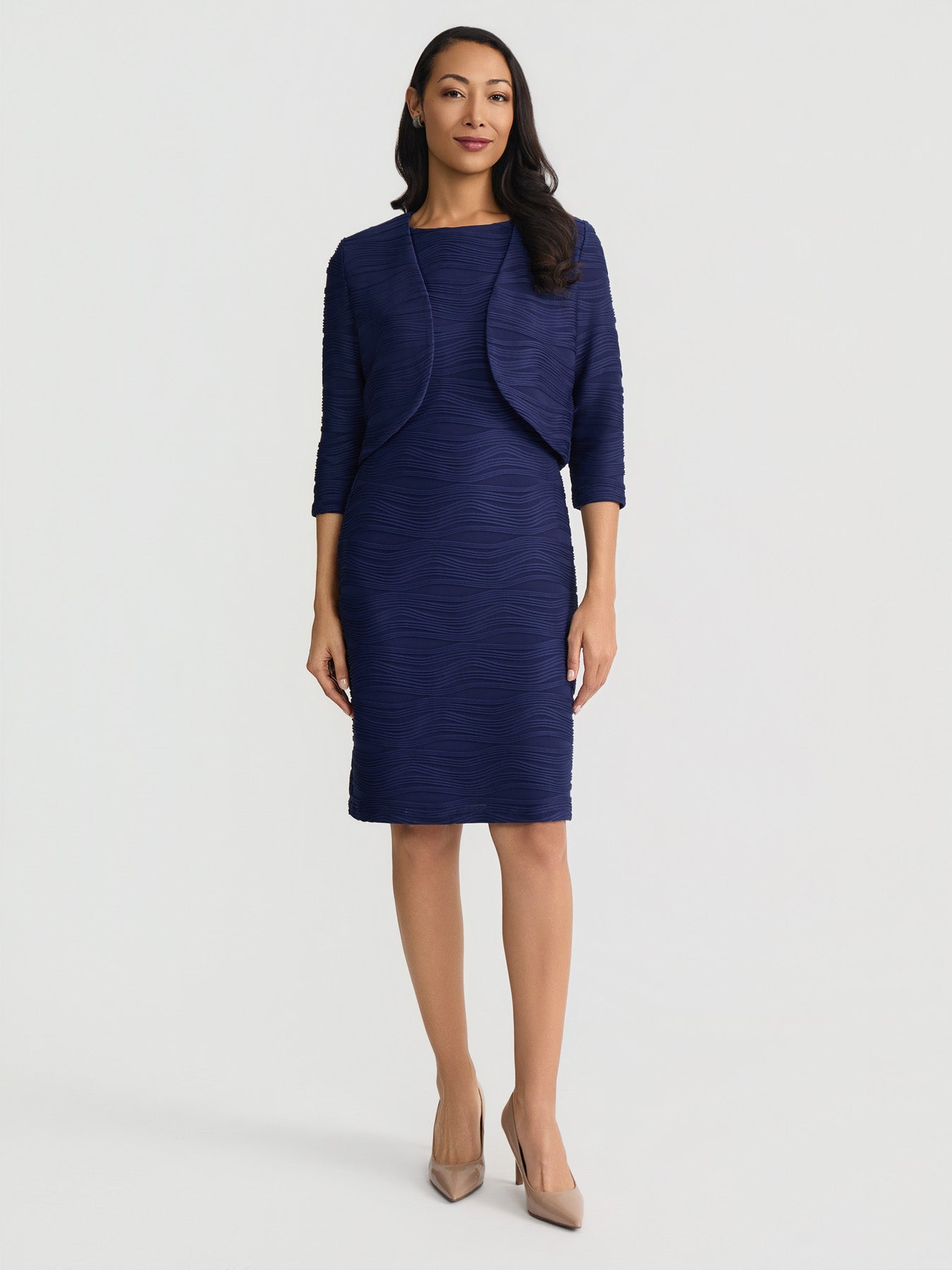 Kasper MISSY Wave Knit 3/4 SLV Shrug, Navy Blue, XS Kasper MISSY Wave Knit 3/4 SLV Shrug, Navy Blue, XS