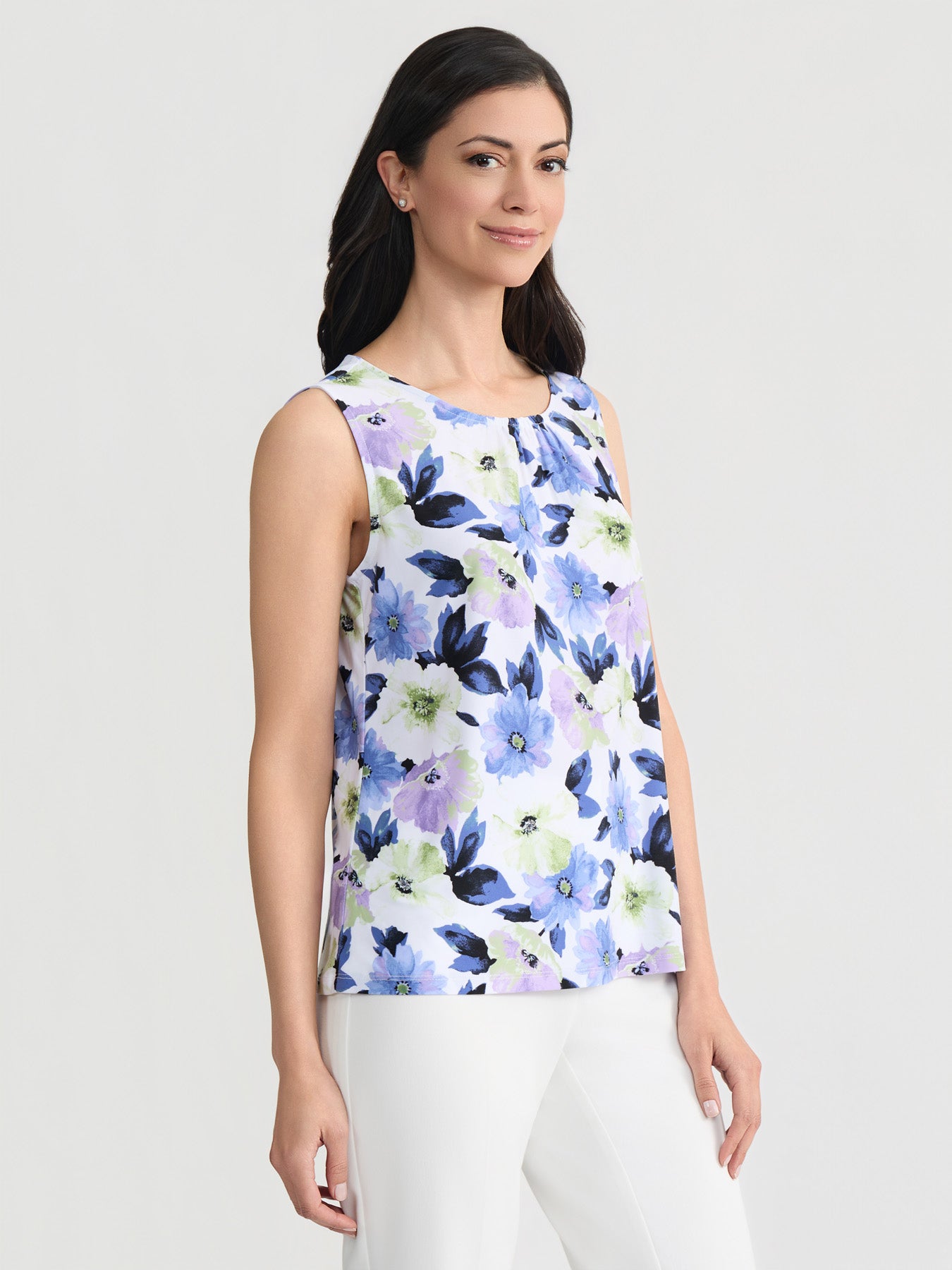 lily white floral top Pleat Neck Top