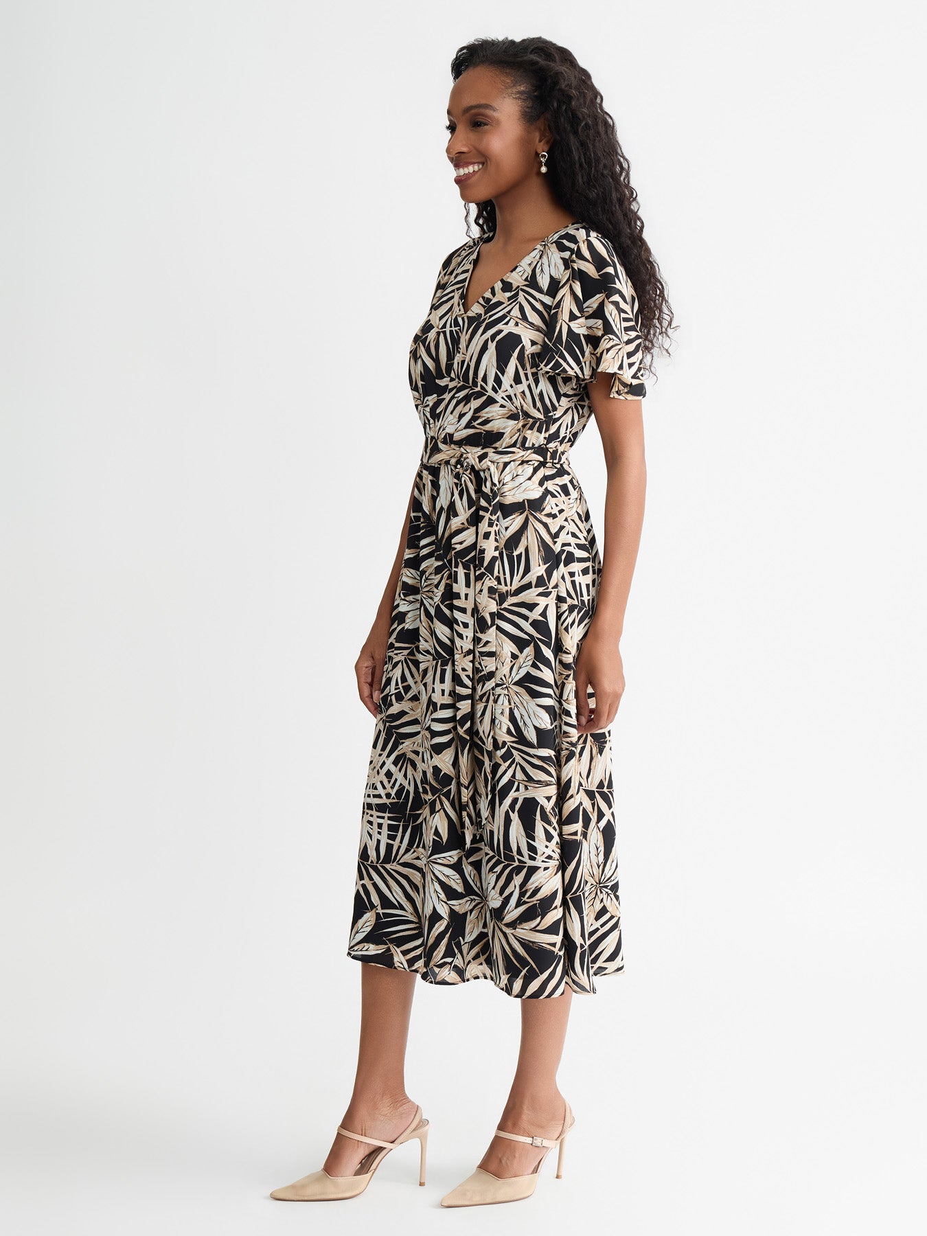 Kasper Women's V-Neck Flutter-Sleeve Midi Dress - Black Multi - Size 4 Kasper Women's V-Neck Flutter-Sleeve Midi Dress - Black Multi - Size 4