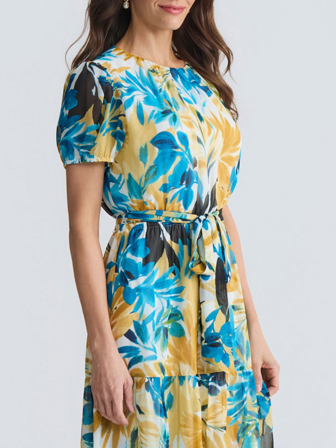 Kasper Women's Short-Sleeve Printed Tiered Midi Dress - Butterscotch Multi
