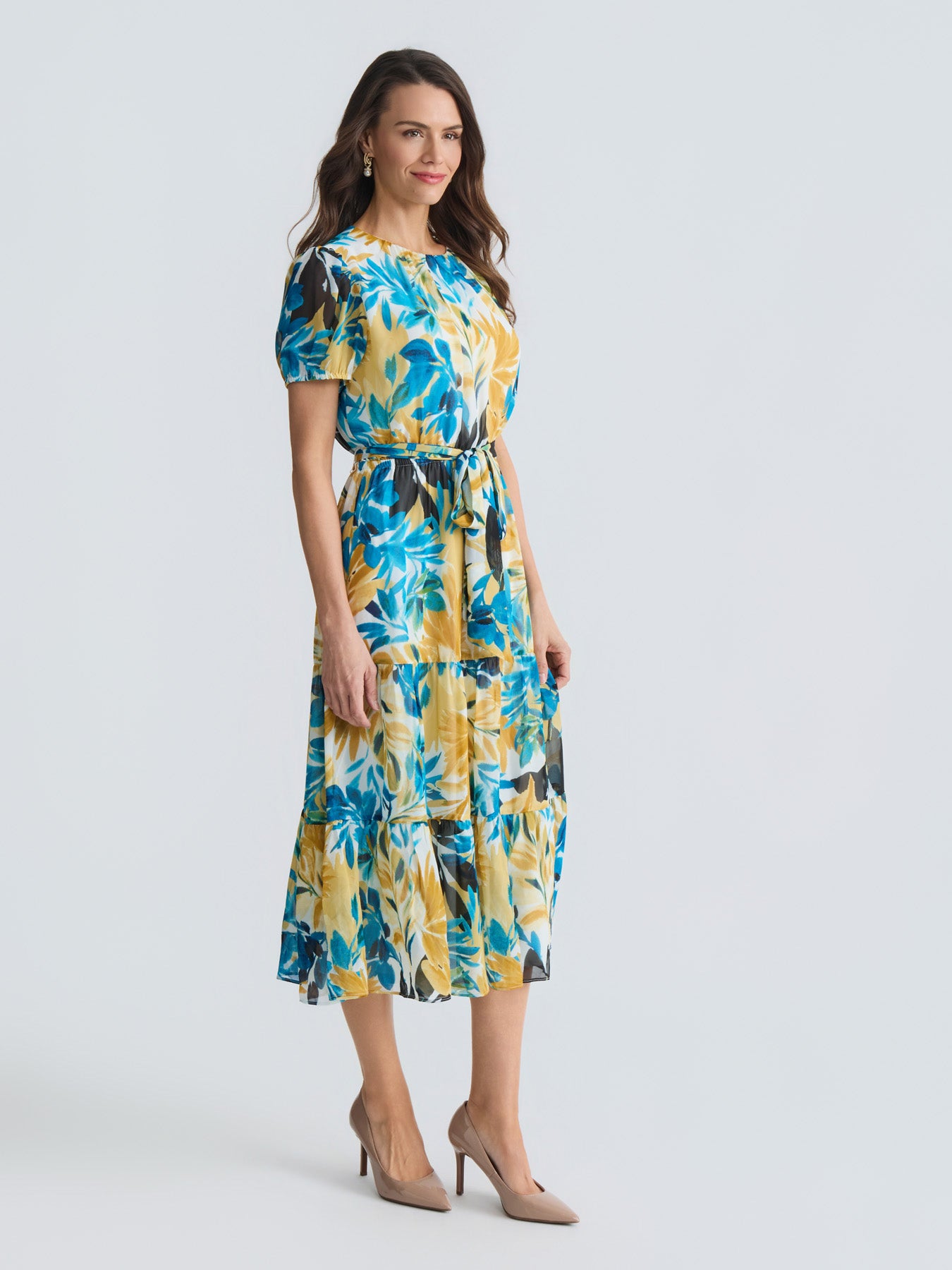 Kasper Women's Short-Sleeve Printed Tiered Midi Dress - Butterscotch Multi