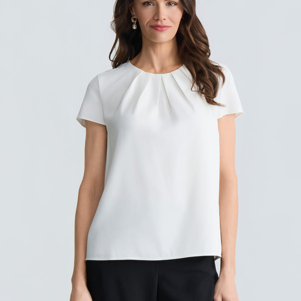 Cap Sleeve Pleat Neck Blouse