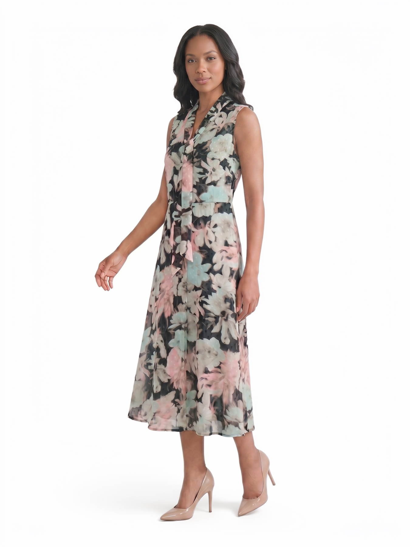 Kasper Tie Front Printed Clip Dot Midi Dress, Womens, 16, Black Multi