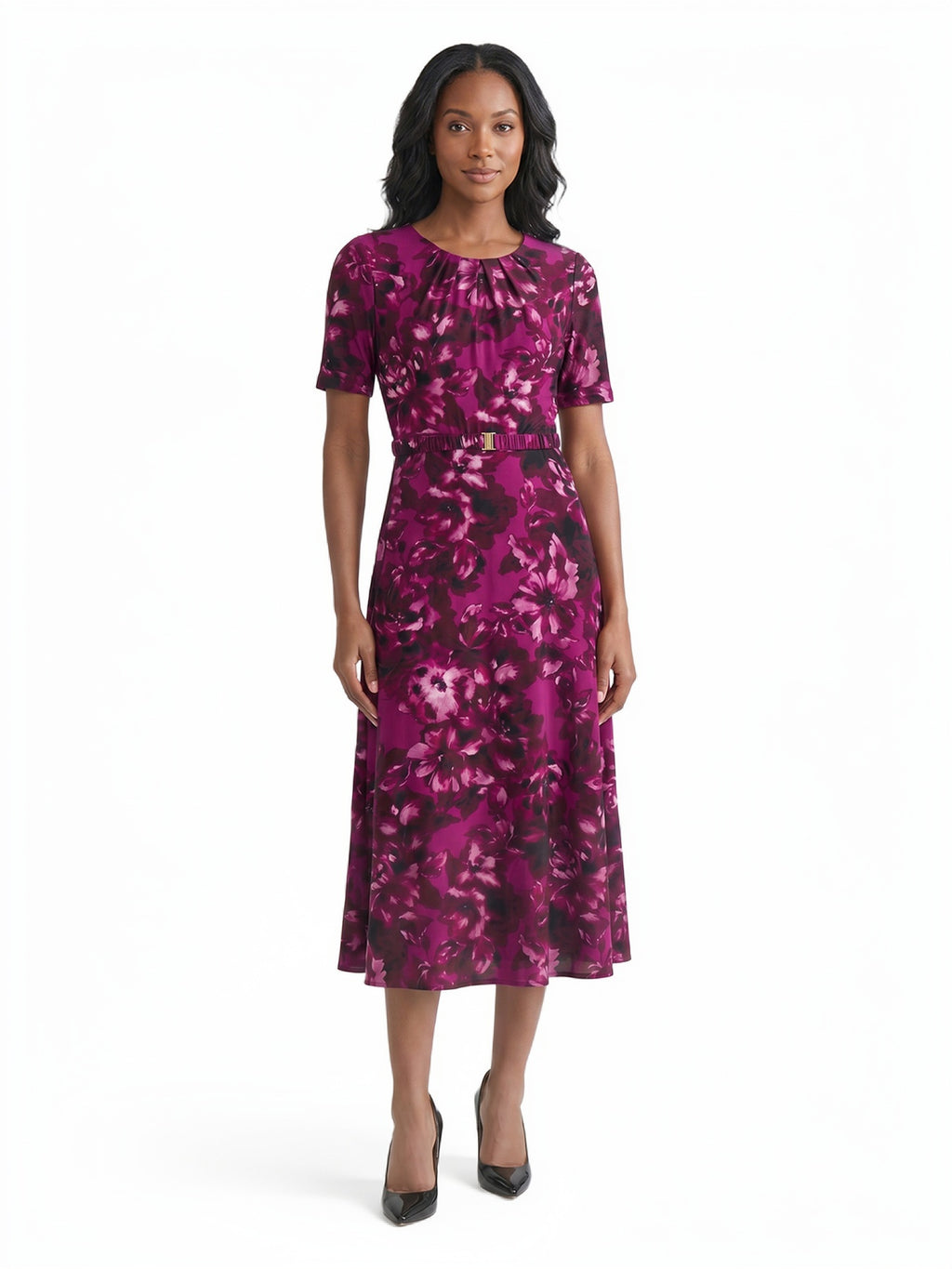 belted mixed media flare dress Belted Fit-and-Flare Dress